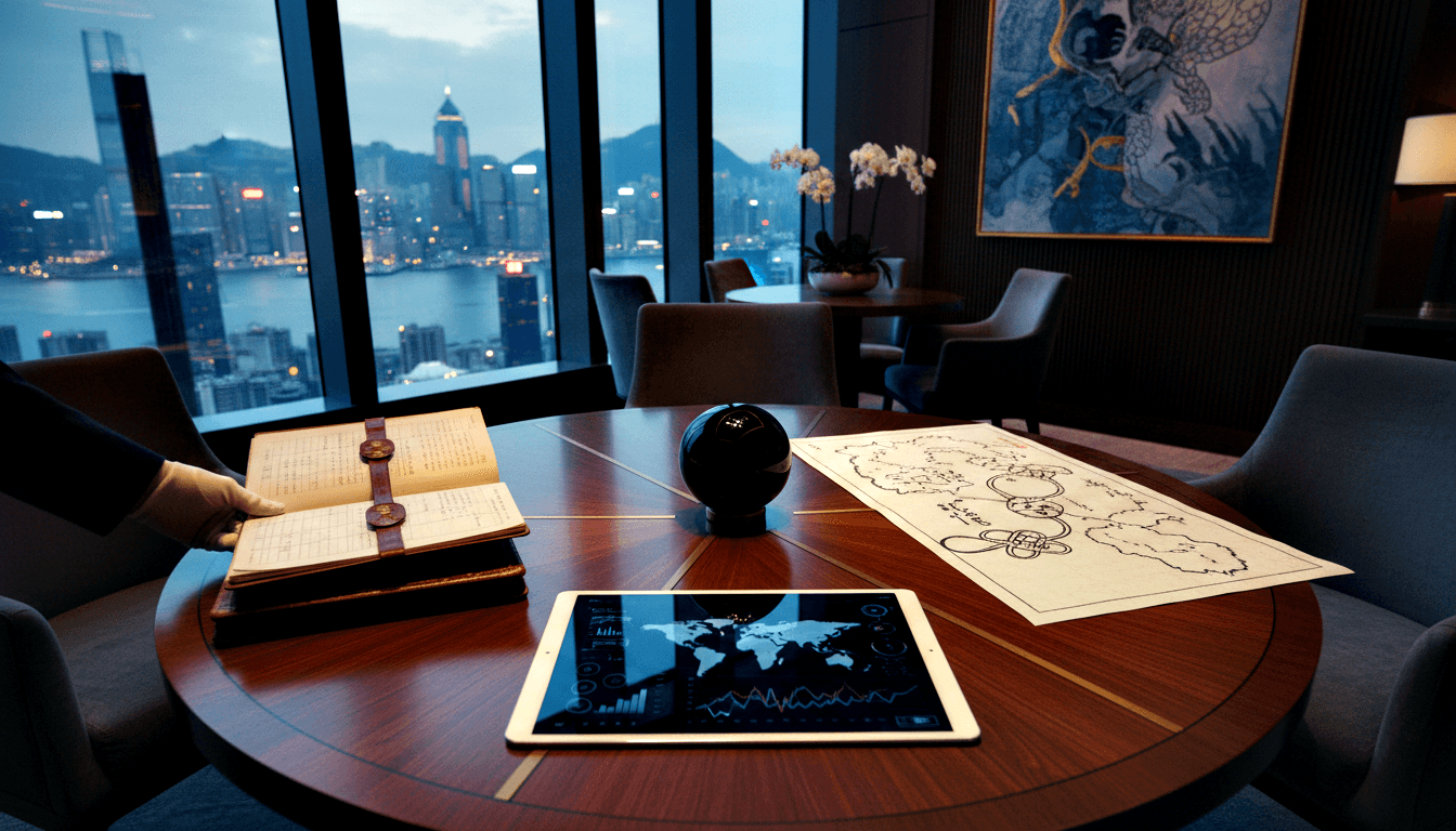 High-rise meeting room at dusk: leather journal, tablet with world map dashboard, paper map on dark wood table; harbor skyline beyond.