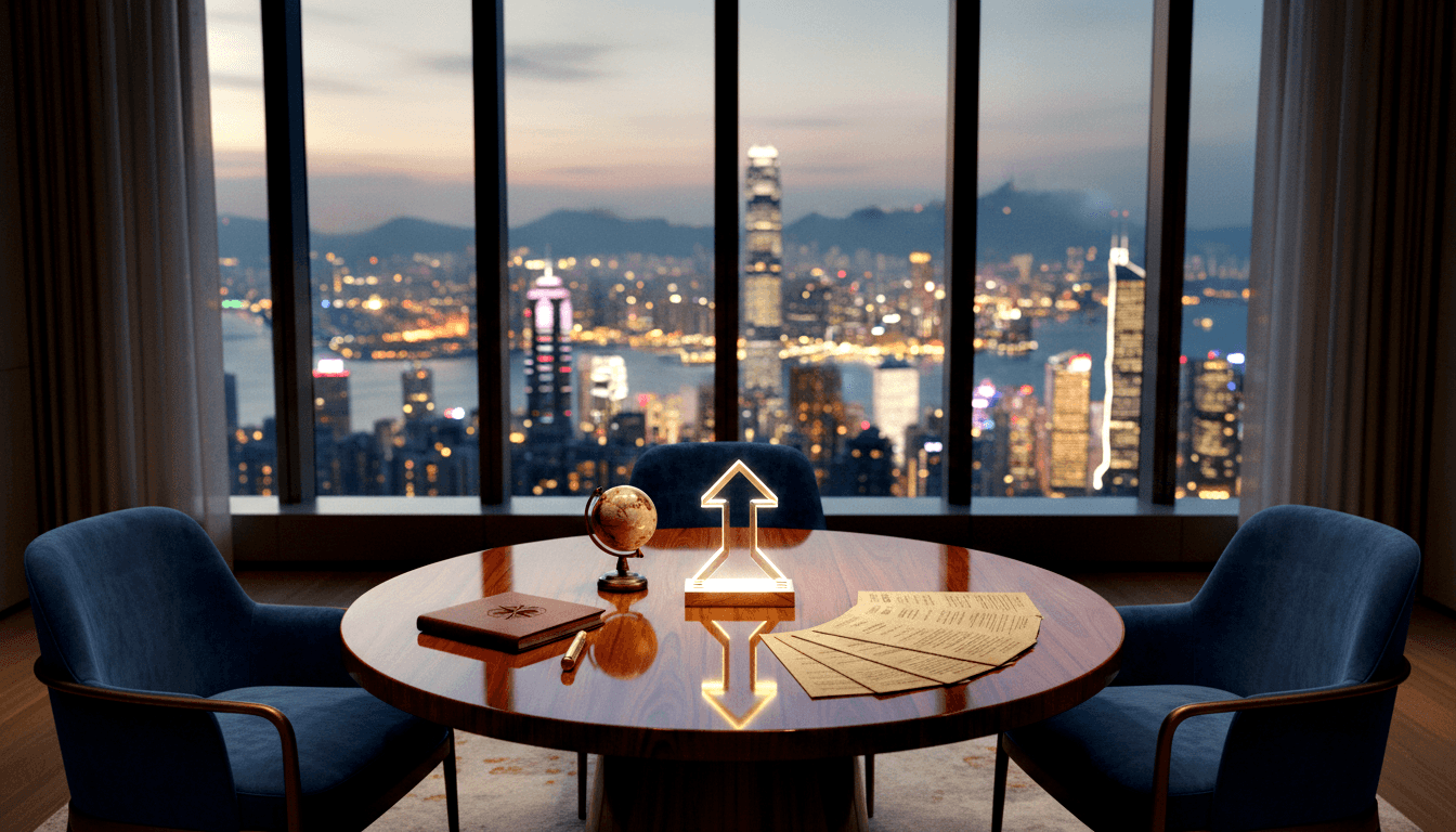 Round wooden table with navy armchairs, glowing arrow sculpture, brass globe, documents, and notebook before night harbor windows.