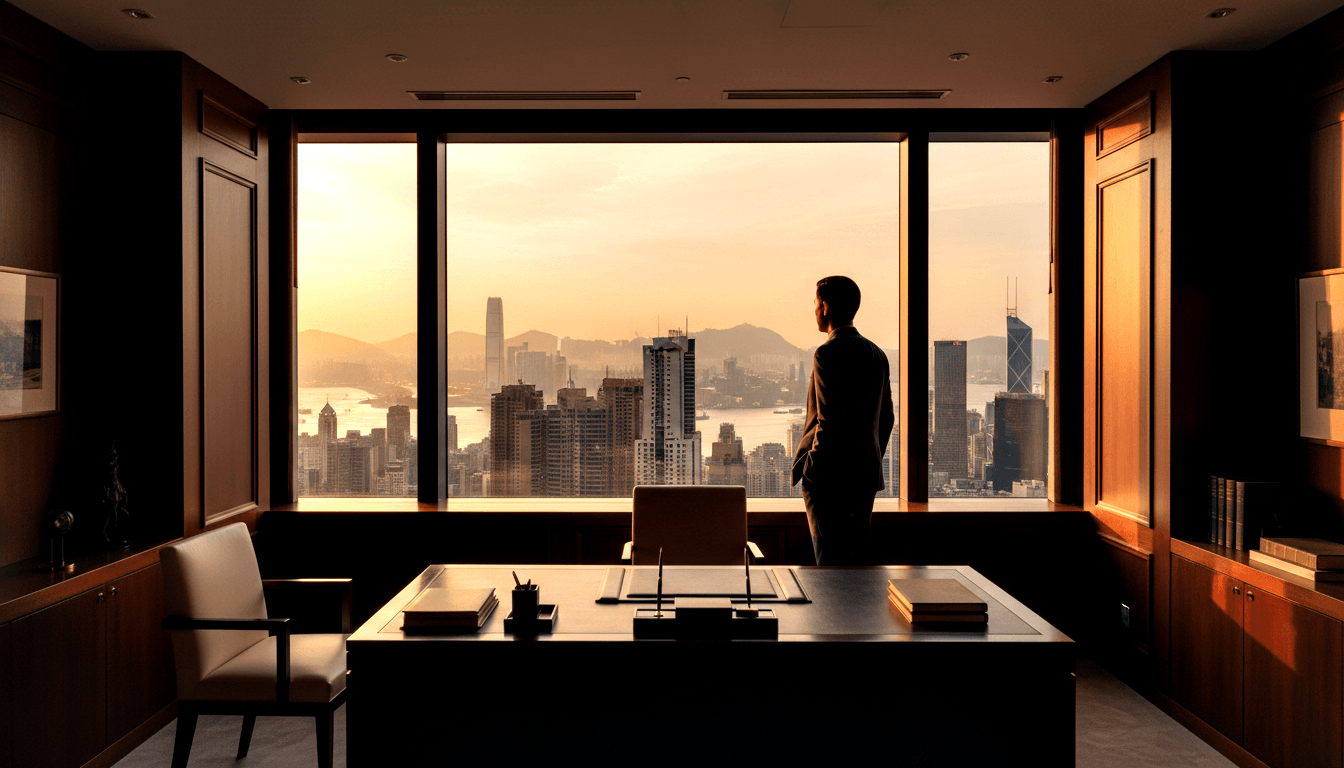 Man in dark suit standing at floor-to-ceiling windows overlooking urban skyline with harbor and mountains at golden hour.