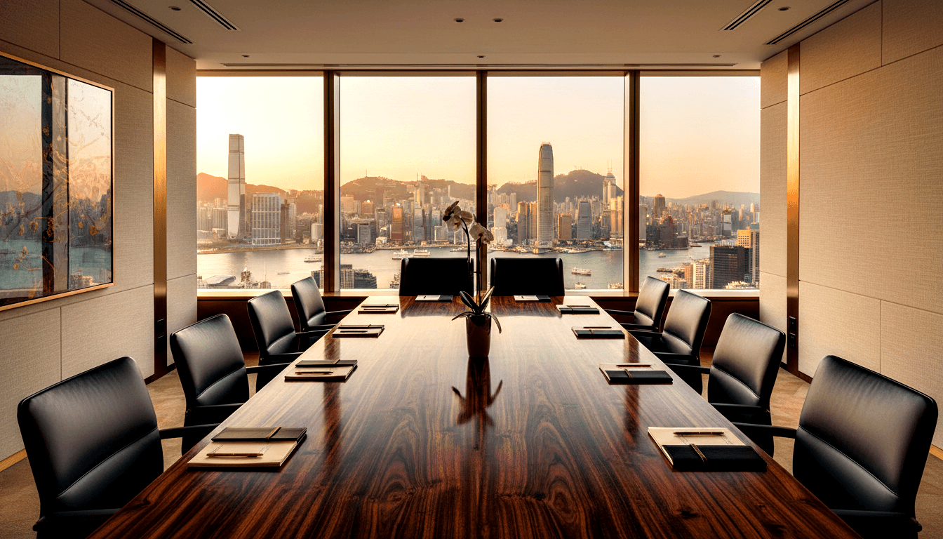 High-rise boardroom with dark wood table, black leather chairs, windows overlooking city skyline, harbor, and mountains at sunset.