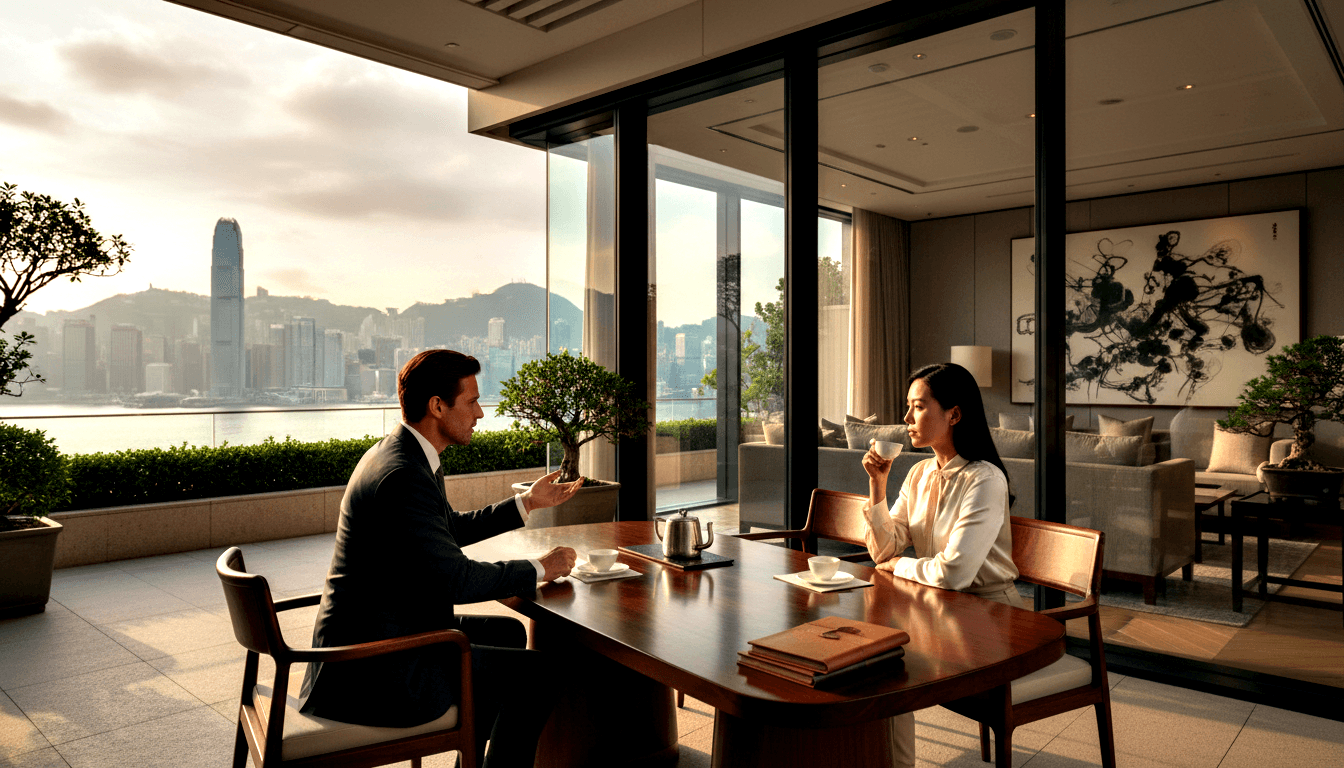 Two people at a wooden terrace table with teacups, steel teapot, and leather portfolio; bonsai at railing, harbor and towers beyond.