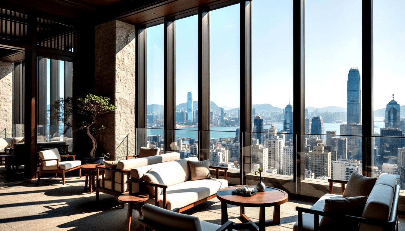 High-rise lounge with cream sofas, bonsai tree on stone ledge, and floor-to-ceiling glass wall revealing harbor skyline and mountains.