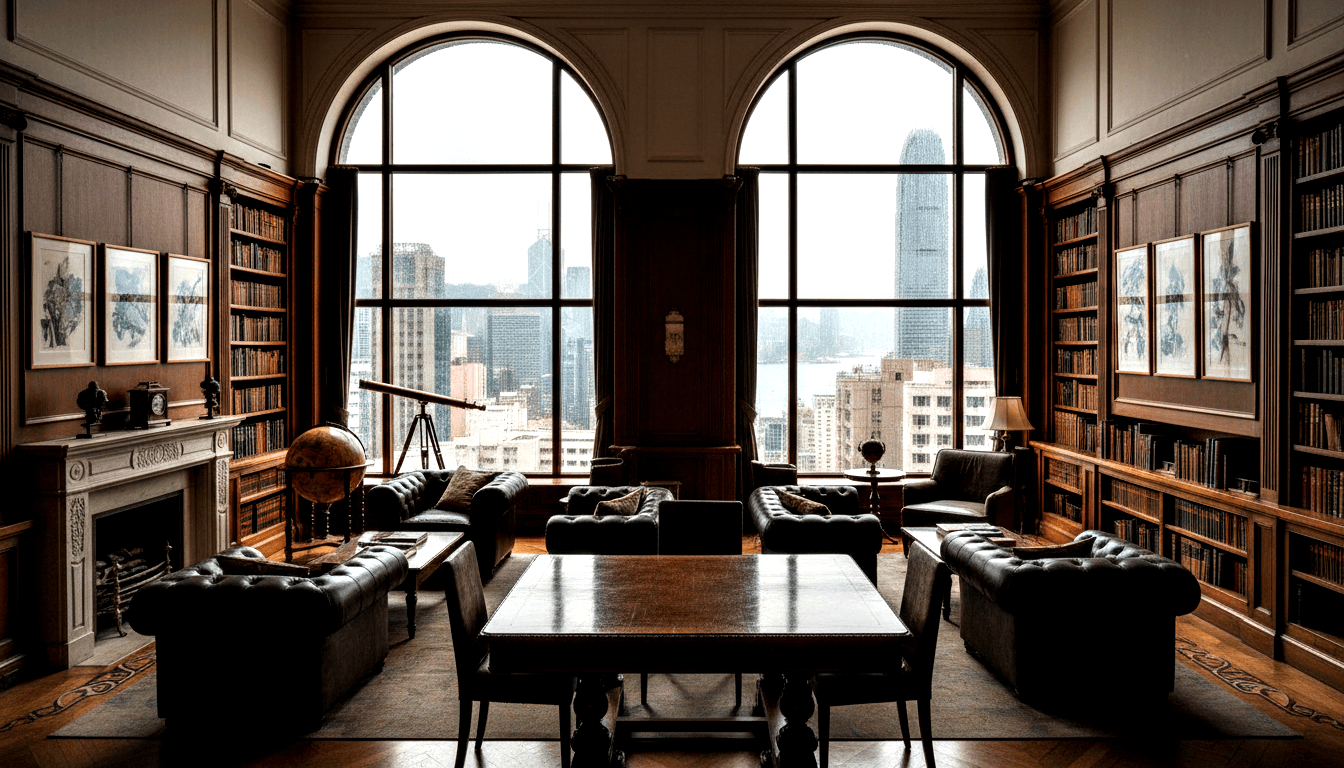 Classical study: mahogany bookshelves, black leather sofas, marble fireplace, brass telescope, arched windows with skyline view.