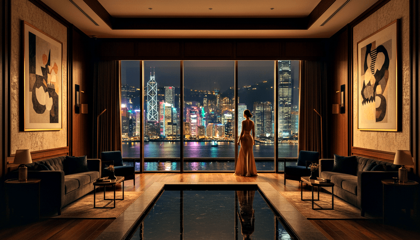 Woman in champagne gold backless gown stands before floor-to-ceiling windows overlooking a vivid nighttime waterfront skyline.