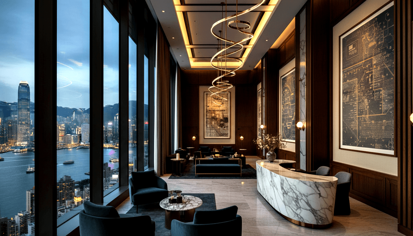 Lounge with curved marble counter, teal velvet armchairs, spiral brass chandelier, and floor-to-ceiling windows overlooking waterfront at dusk.