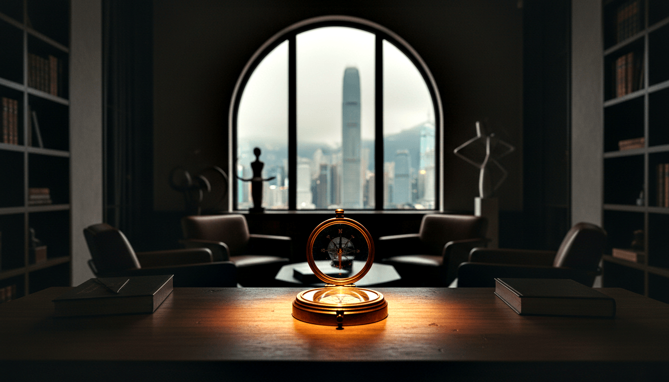 Open brass compass glowing amber light on a dark wooden desk, flanked by stacked books, with a dim library and arched city skyline window behind.