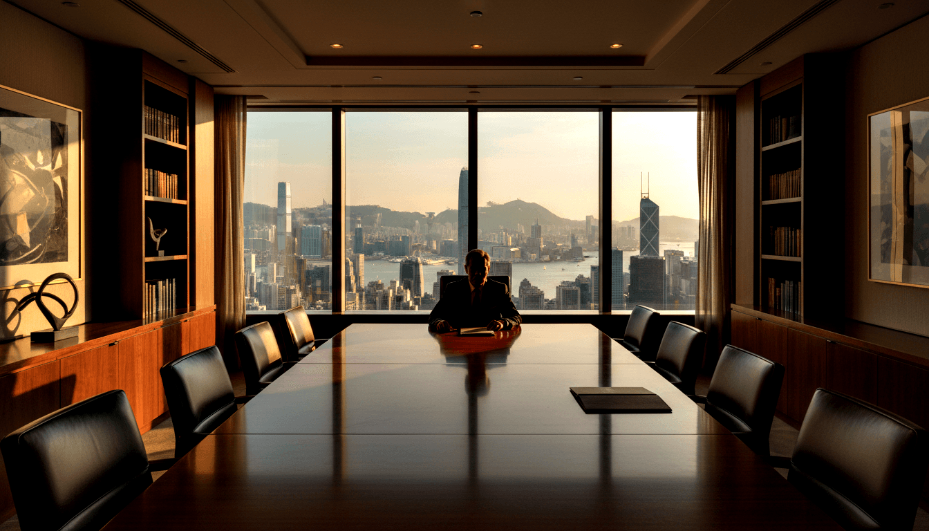 Silhouetted figure in dark formal attire at far end of long wood conference table, harbor skyline and mountains in golden sunset light behind.