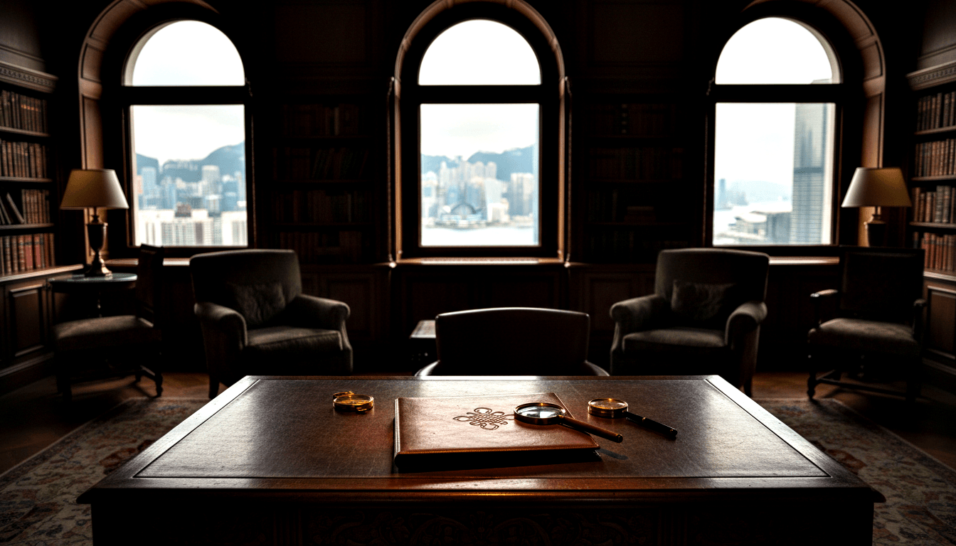 Dark-paneled library with floor-to-ceiling bookshelves, arched windows with harbor view, mahogany desk with portfolio and magnifying glass.