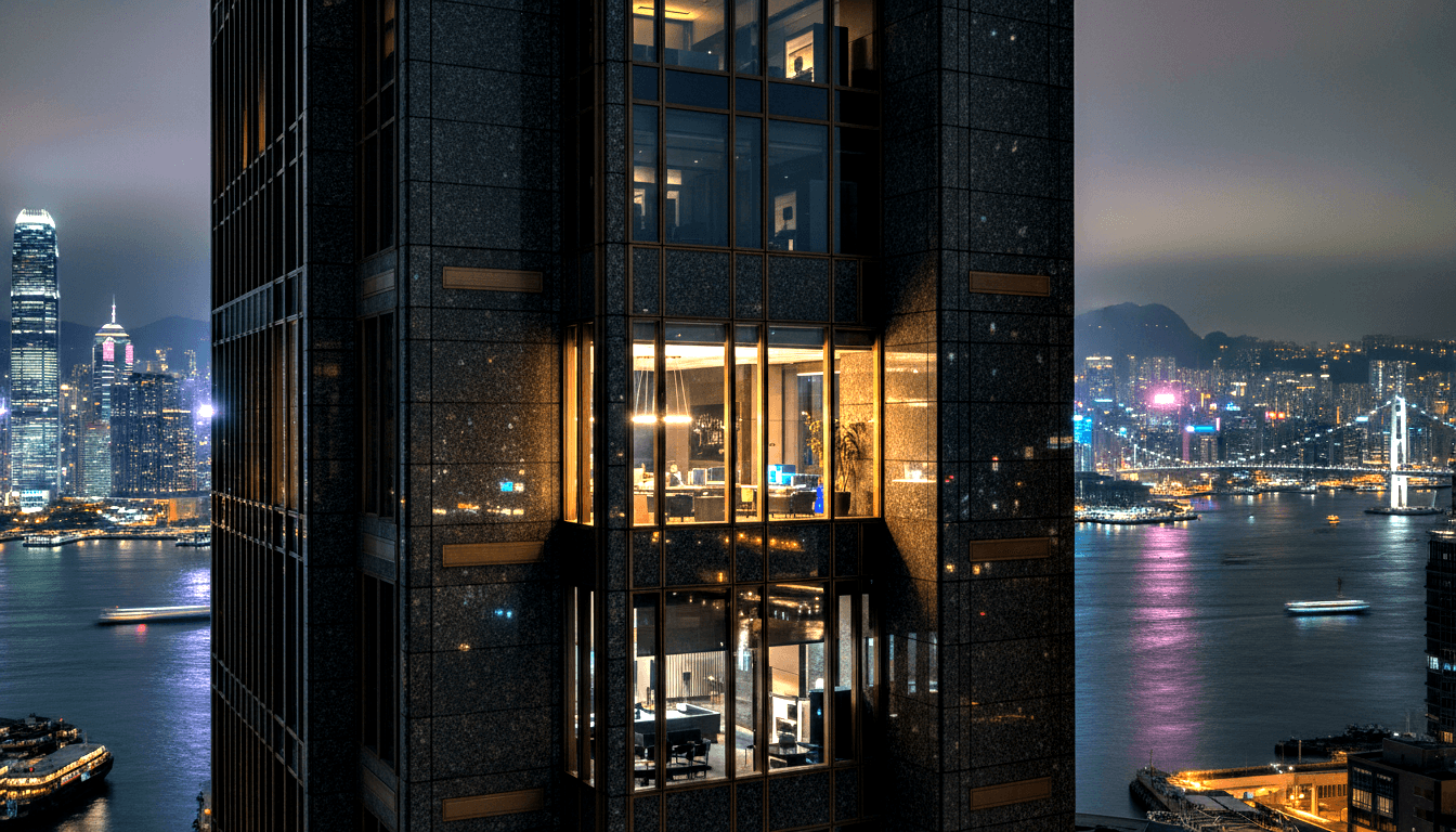Black stone high-rise glows amber at night; neon-lit harbor skyscrapers and silhouetted mountains visible behind.