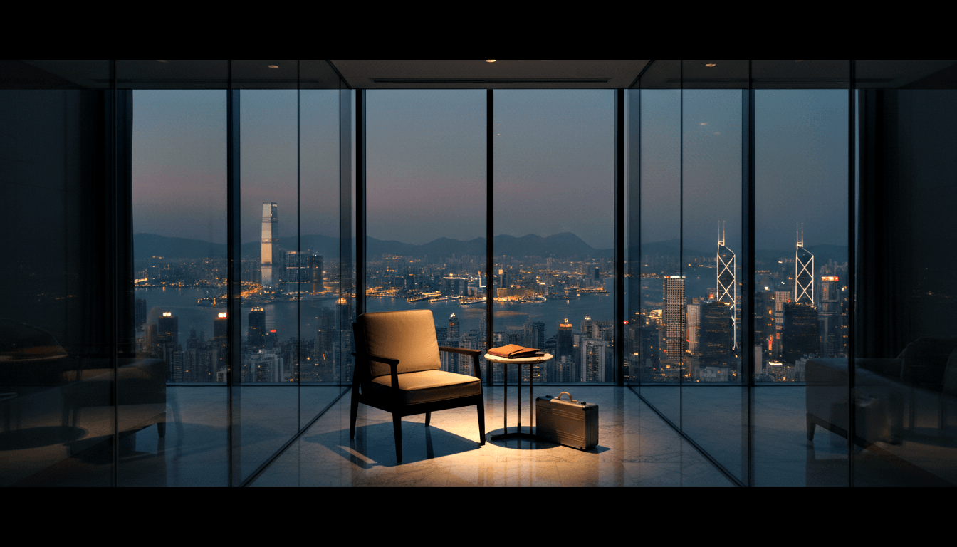 Cream mid-century armchair, dark wood frame, silver briefcase on stone floor, floor-to-ceiling windows with twilight skyline.