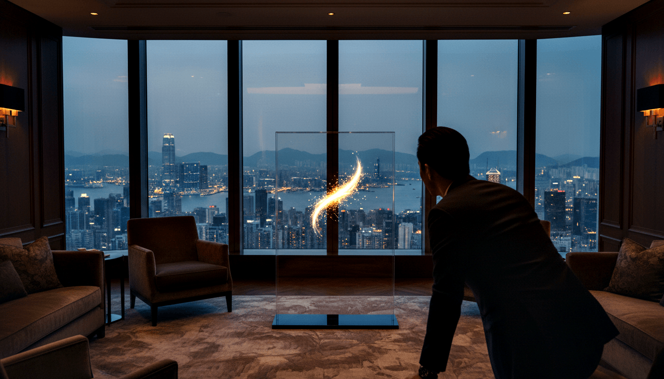 Man in dark suit leans toward freestanding glass panel with swirling golden-orange luminous streak; nighttime city skyline behind.