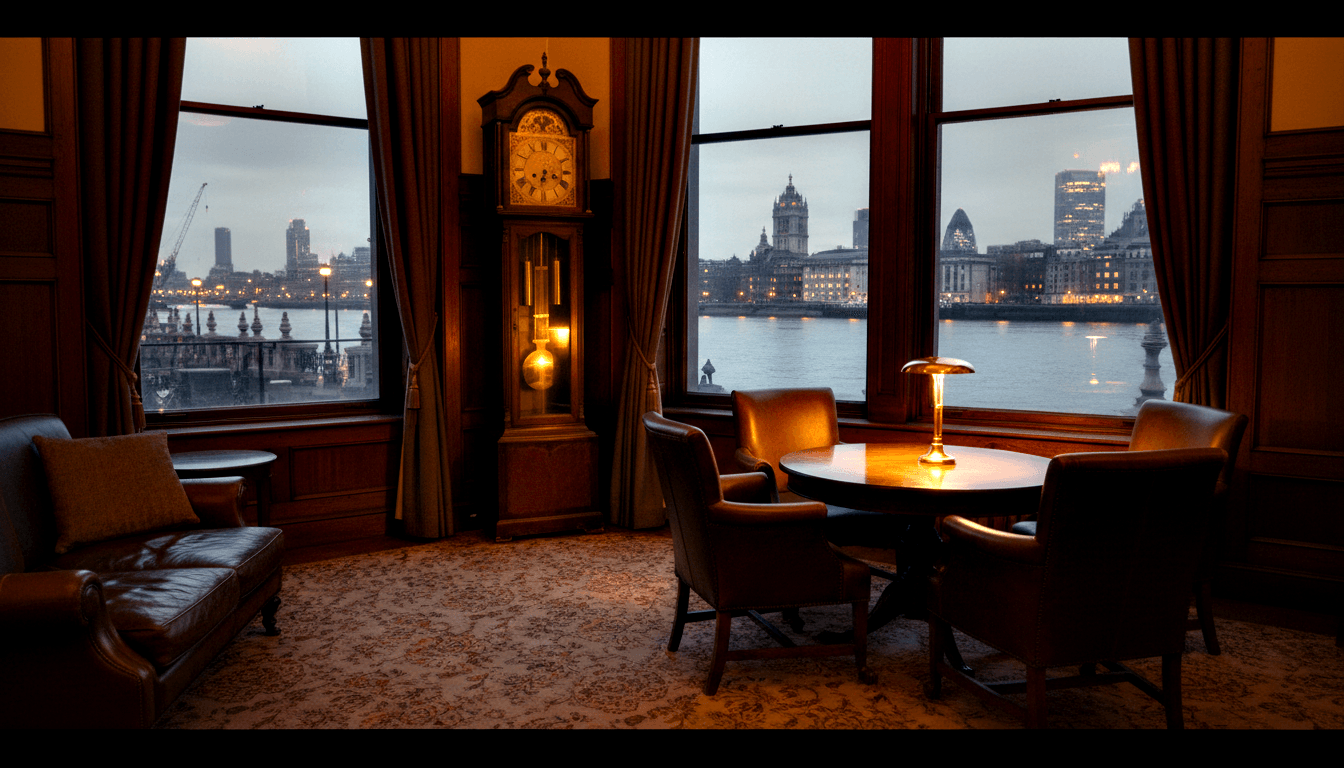 Victorian sitting room with longcase clock, draped curtains, leather armchairs and settee; modern glass skyscrapers visible through bay windows.