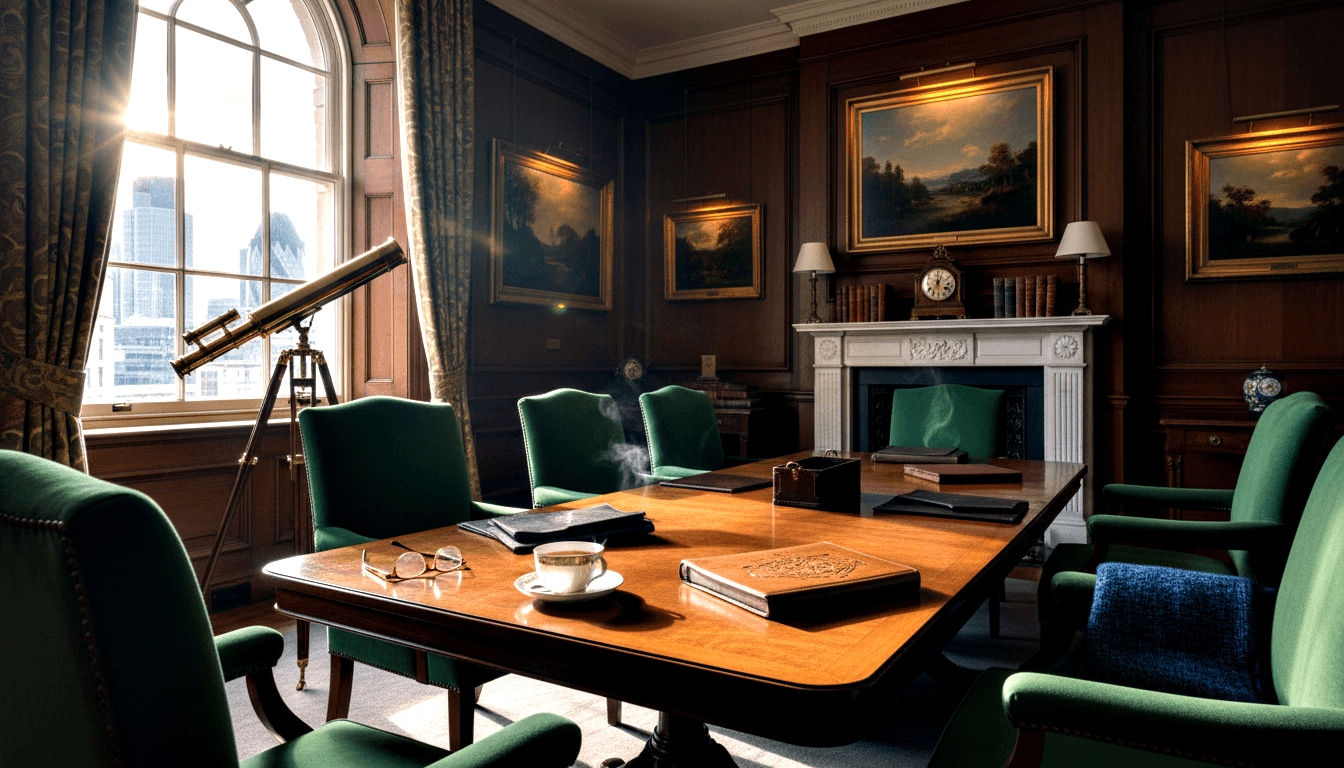 Wood-paneled conference room with mahogany table, green velvet chairs, leather folders, steaming teacup, brass telescope, and marble fireplace.
