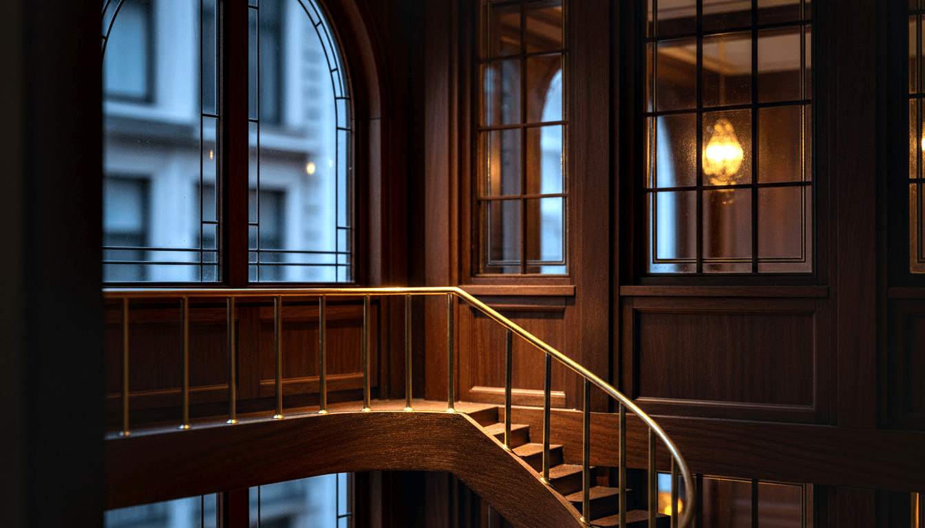 Curved wooden staircase with brass balusters from above, mahogany paneling, arched window, wall lantern.