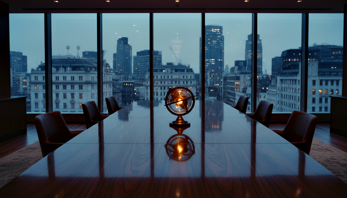 Glowing amber globe on brass pedestal centered on a dark mahogany conference table with leather chairs and floor-to-ceiling windows.