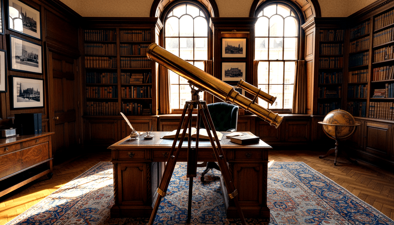 Brass refracting telescope on wooden tripod before a leather-topped desk with quill, inkwell, and open books in a book-lined study.
