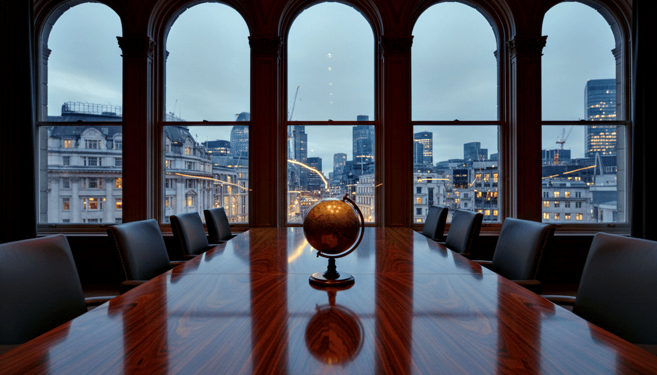 Long dark mahogany conference table with leather chairs receding to a glowing brass-mounted globe, arched windows showing urban skyline at dusk.