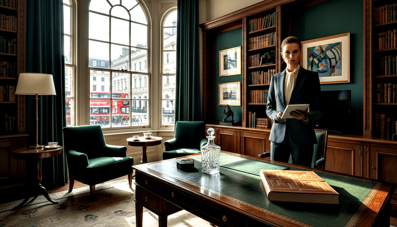 Woman in grey blazer holds white tablet near floor-to-ceiling bookshelves in dark-wood-paneled office with mahogany desk and arched windows.
