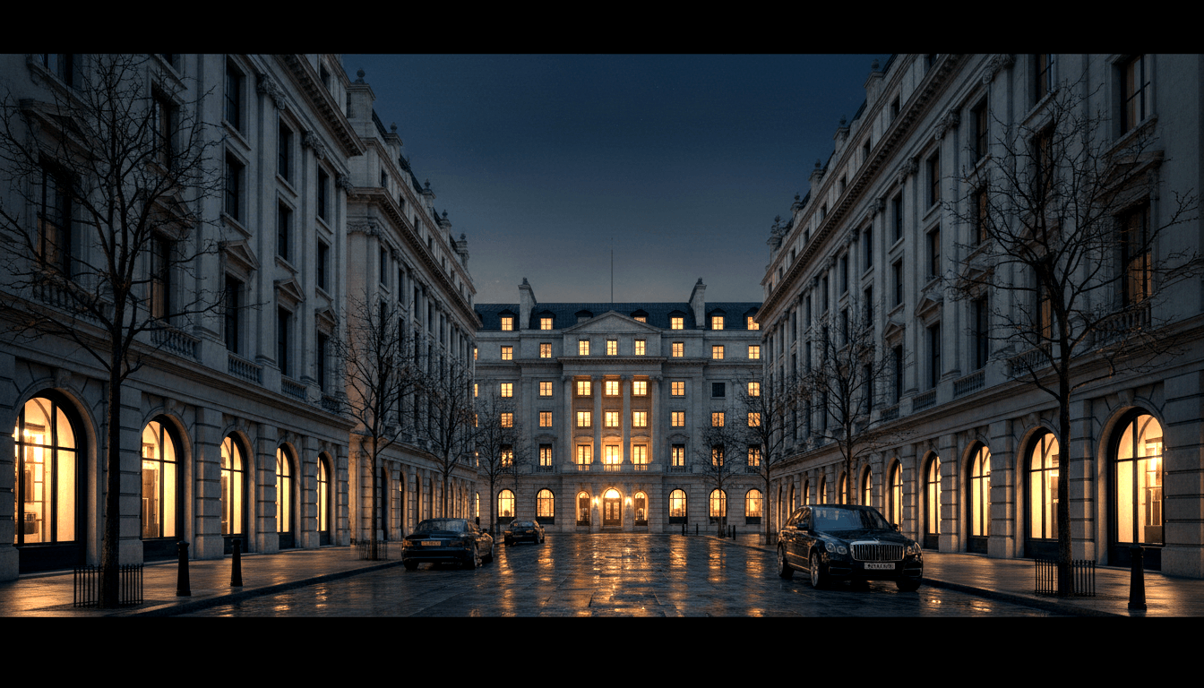 Symmetrical neoclassical building with colonnaded wings, amber-lit arched windows, cobblestone courtyard, and two vehicles at dusk.