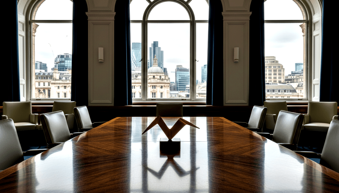 Conference room with dark herringbone-veneer table, sage green leather chairs, and origami sculpture; arched windows reveal domed urban skyline.