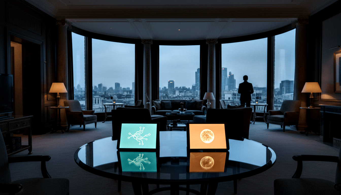 Dim high-rise room with curved windows and overcast skyline; round table holds two glowing tablets, male silhouette stands at window.