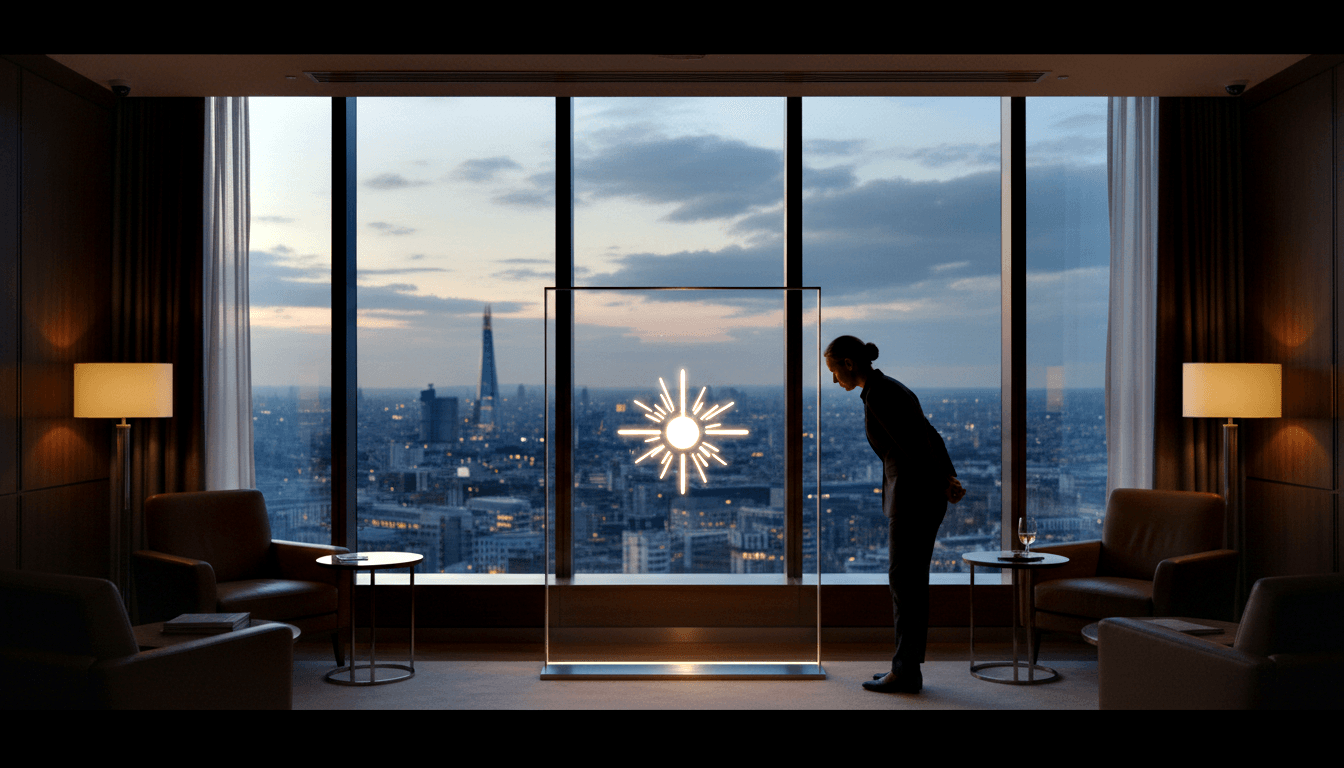 Person in dark clothing leans toward glass panel with glowing starburst LED; high-rise interior, urban skyline at dusk.