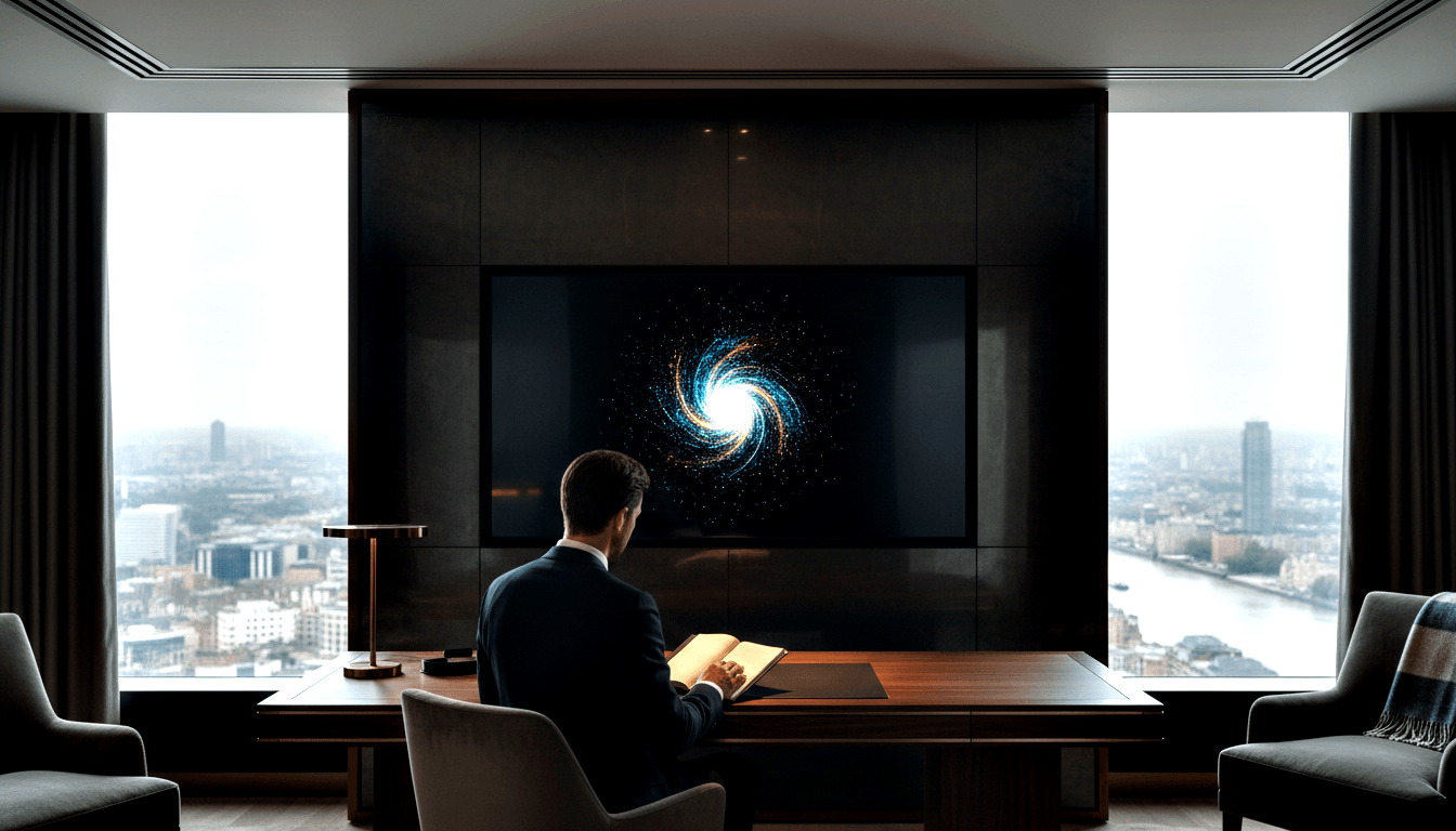 Man in navy suit at walnut desk faces screen with blue-gold particle spiral; glowing book, brass lamp, city skyline windows.
