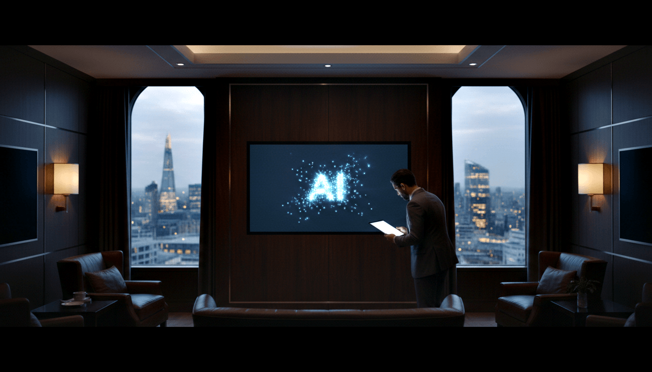 Man in dark suit holds tablet facing wall screen with cyan AI logo; arched windows show twilight city skyline.