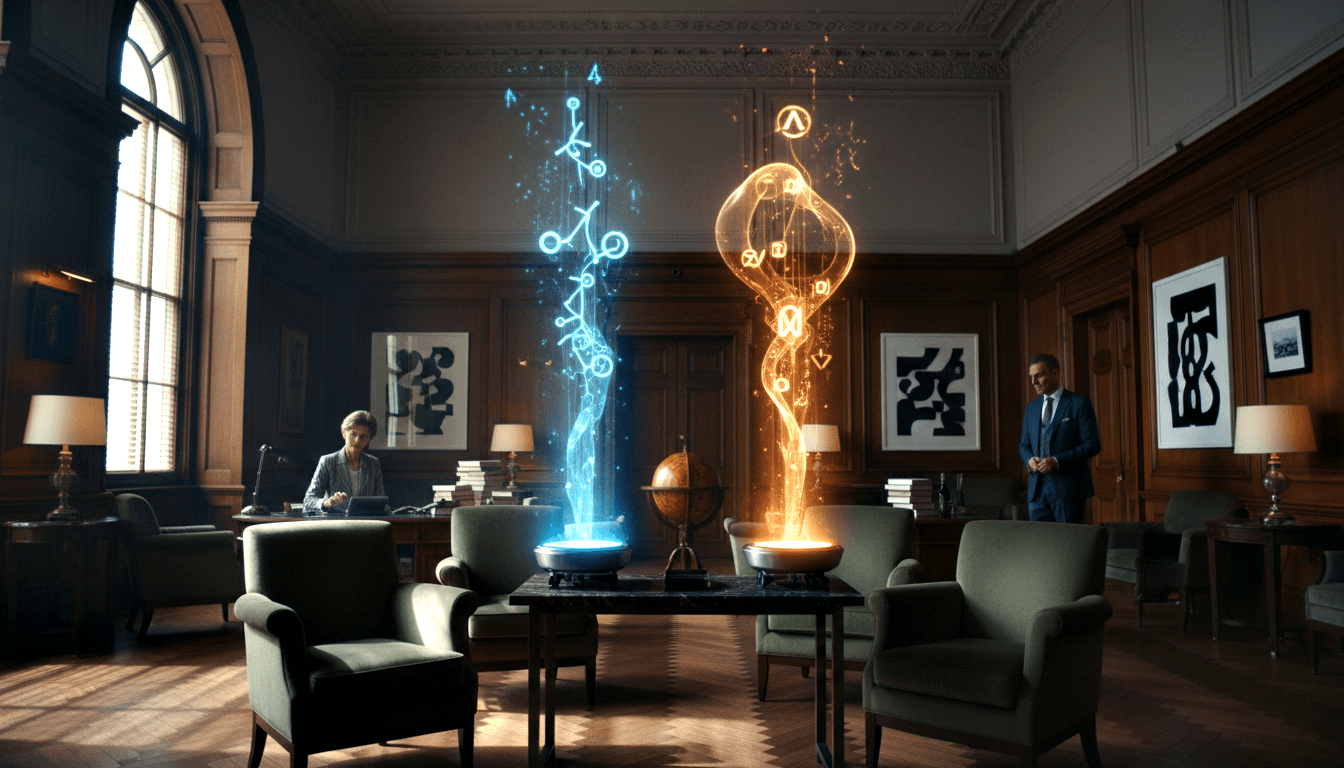 Grand wood-paneled room; central table holds glowing electric blue and amber energy columns in metallic bowl pedestals.