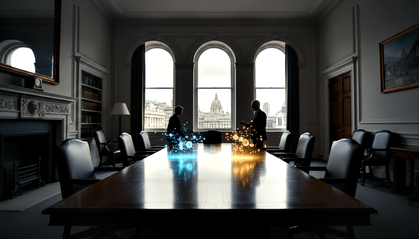 Two silhouetted suited men face each other across a dark table, emitting cyan-blue and amber-gold energy, in an ornate boardroom.