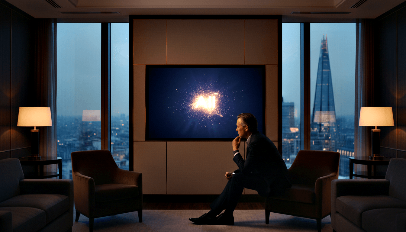 Man in dark suit sits in profile in armchair, chin on hand, facing a wall screen showing an amber particle burst on deep blue.