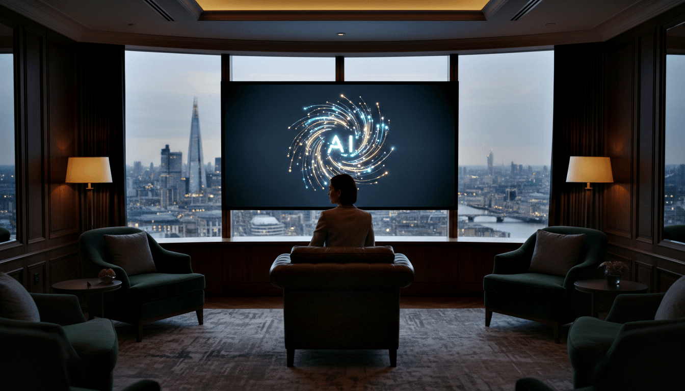 Person in light blazer in green velvet armchair faces large screen showing 'AI' swirling graphic; dim lounge, city skyline at dusk.