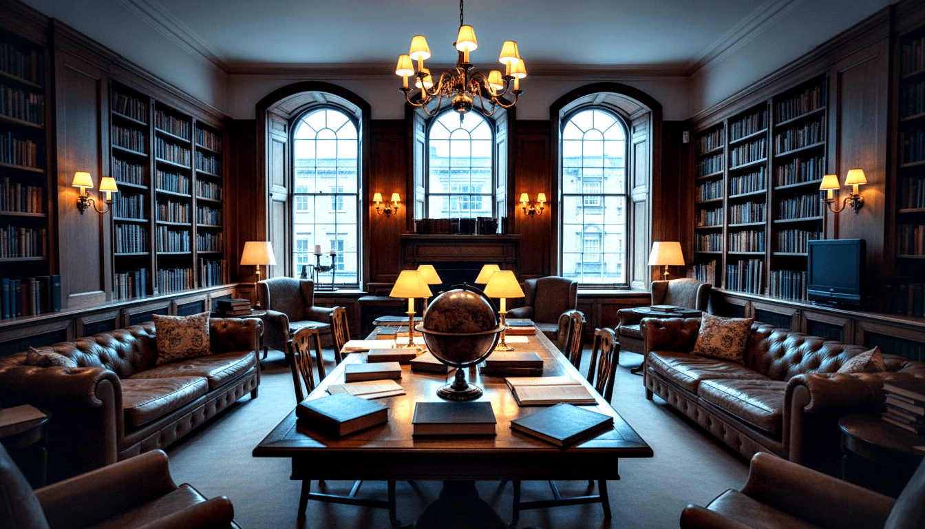 Wood-paneled library with floor-to-ceiling bookshelves, antique globe, Chesterfield sofas, fireplace, and tall arched windows.