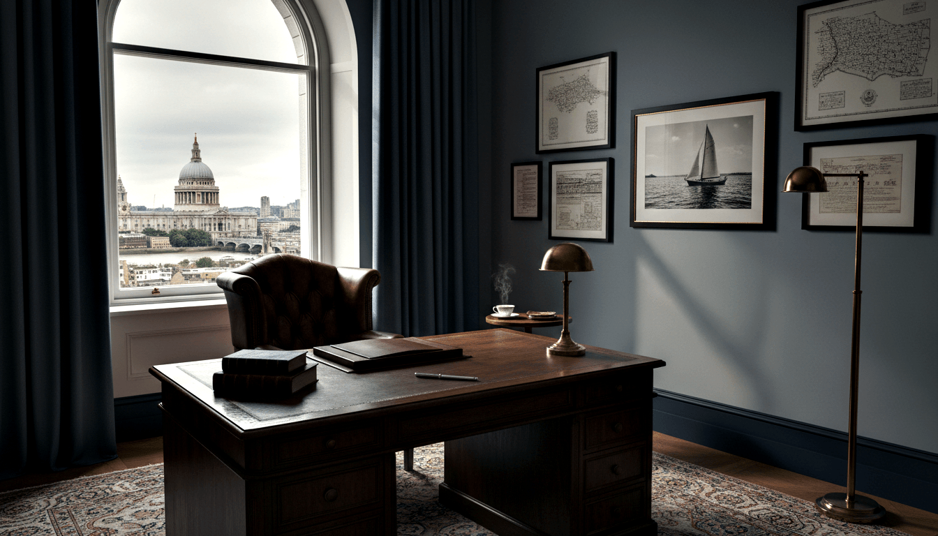 CGI study with mahogany executive desk, brass banker's lamp, Chesterfield armchair, arched window overlooking domed cityscape.