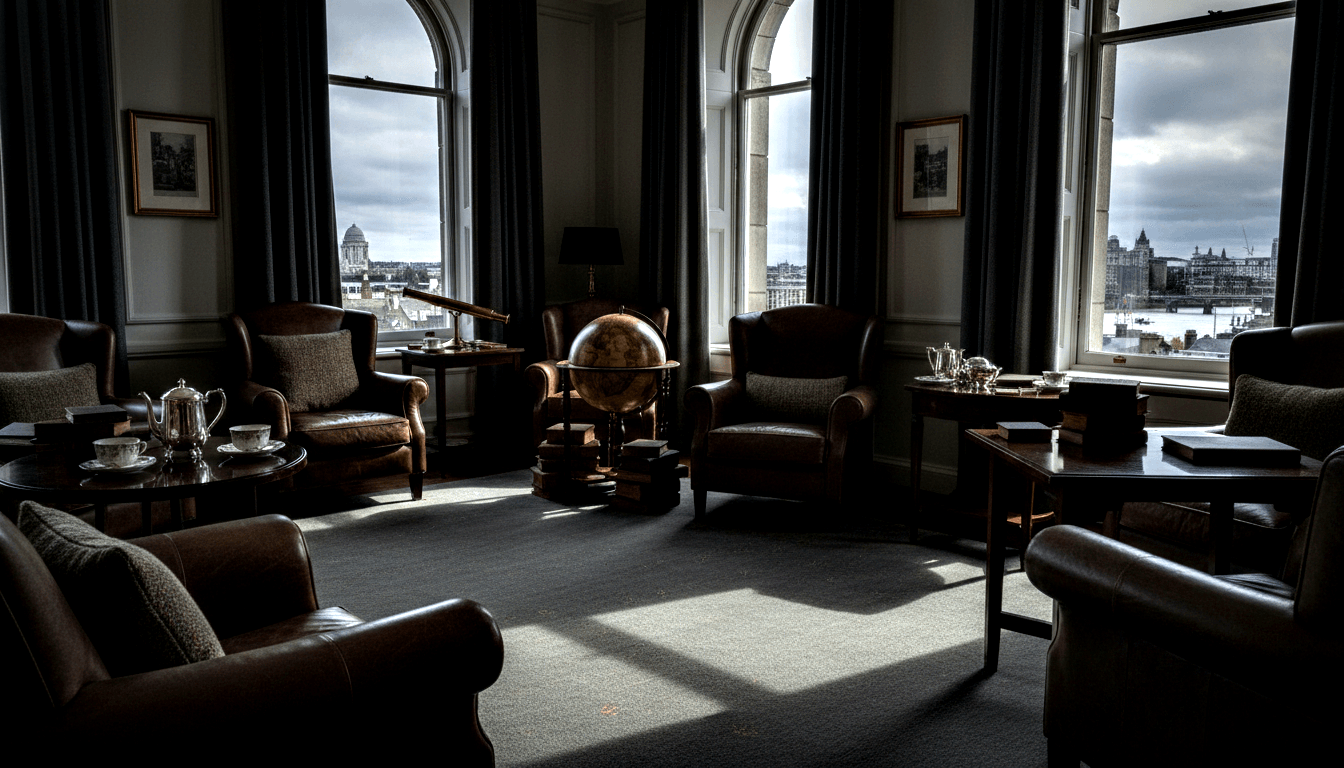 Sitting room with antique terrestrial globe on wooden stand, leather wingback chairs, brass telescope, and river view through arched windows.