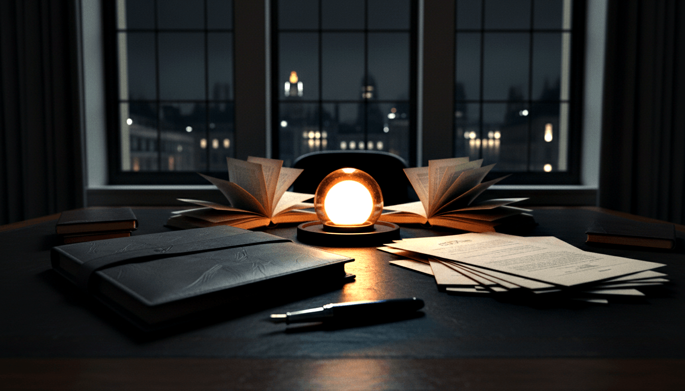 Glowing amber orb on dark base flanked by fanned-open books, leather journal, stacked documents, and pen on a dark desk at night.