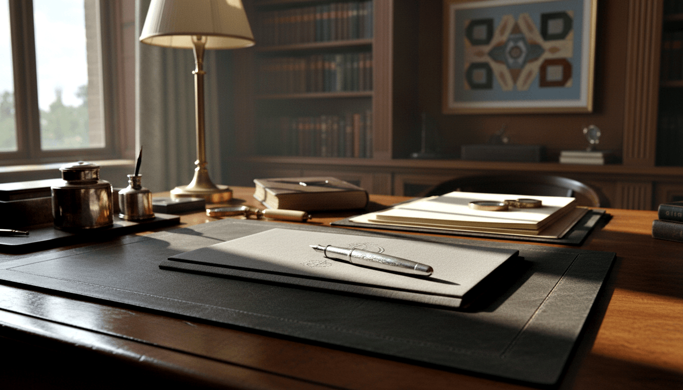Wooden writing desk with black leather pad, silver fountain pen on sealed document, inkwells, magnifying glass, and brass lamp.