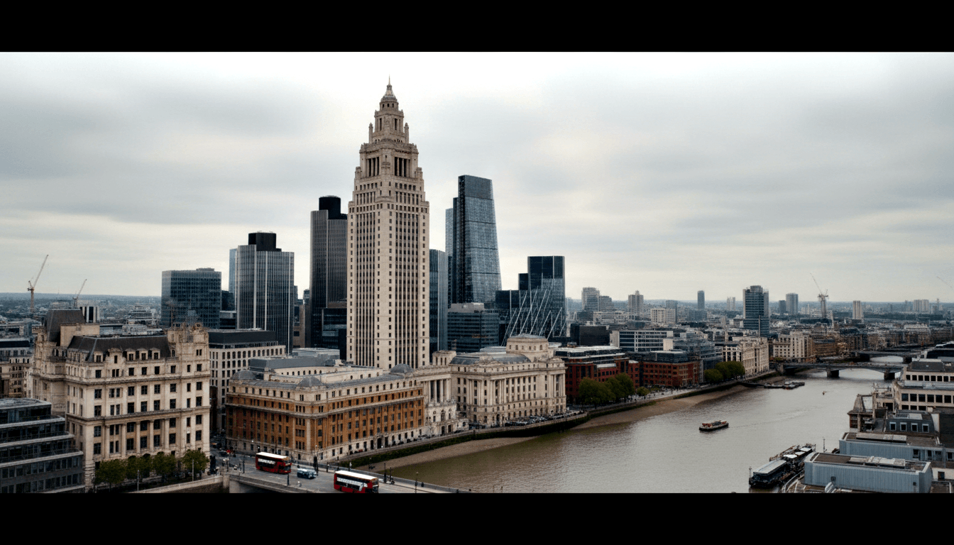 Ornate classical tower amid historic stone buildings on an urban waterfront, with a wide river, bridges, and glass skyscrapers beyond.