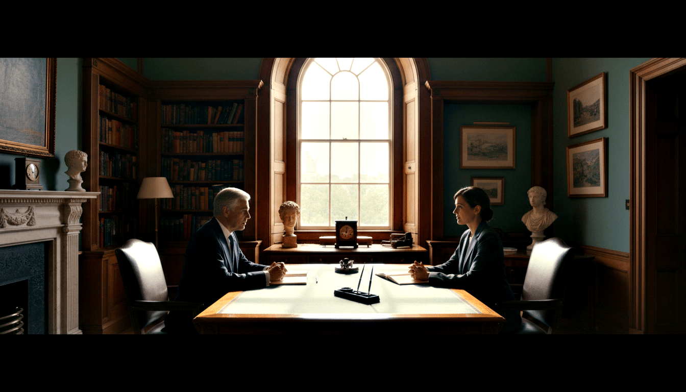 Older silver-haired man and younger dark-haired woman sit across a green leather-topped wooden desk in a wood-paneled library.