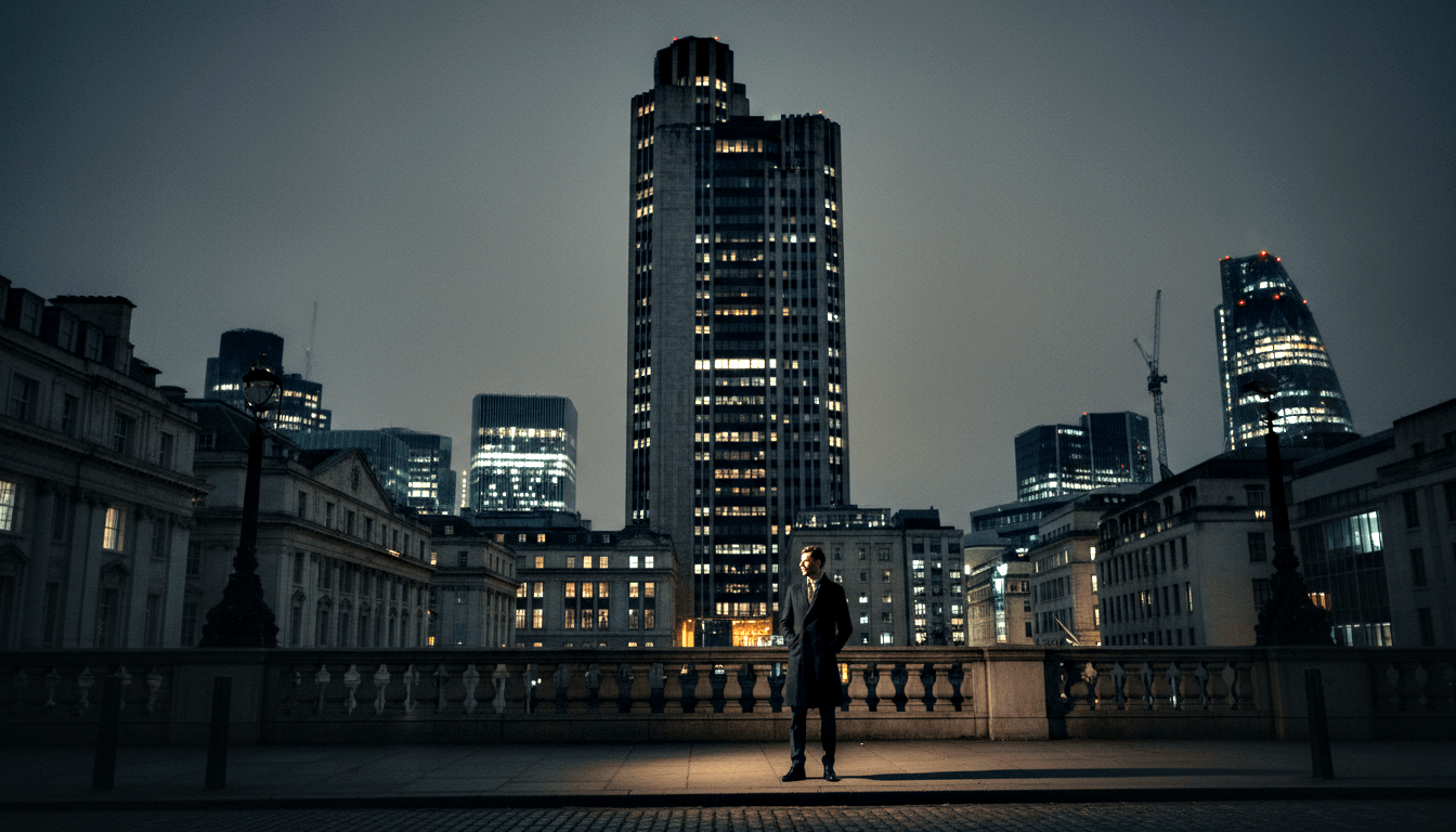 Man in dark overcoat stands in spotlight on cobblestones at night, Victorian lamp post left, neoclassical buildings glowing amber behind.