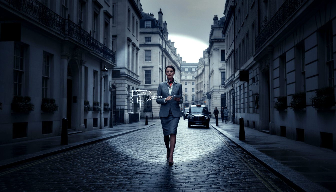 Woman in grey suit and red-orange scarf walks on wet cobblestone street holding a tablet displaying a holographic schematic.