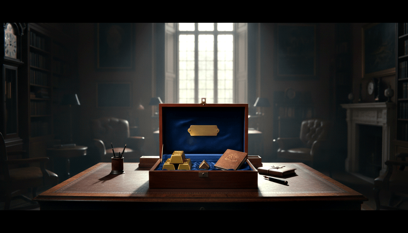 Dark wood case with brass hardware holds gold ingots and leather journal on mahogany desk; bookshelves and fireplace behind.