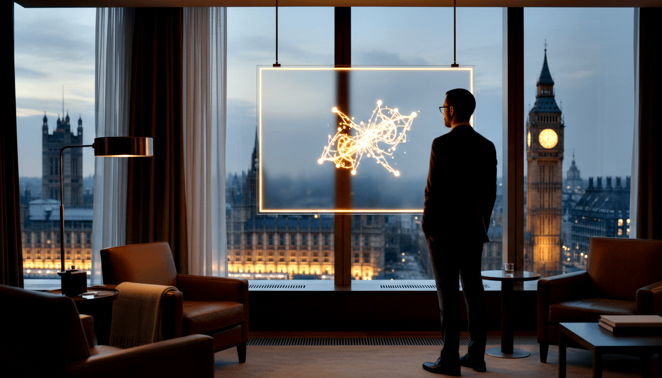 Man in dark suit faces glowing constellation network in dim high-floor room; clock tower and parliament visible at dusk outside.