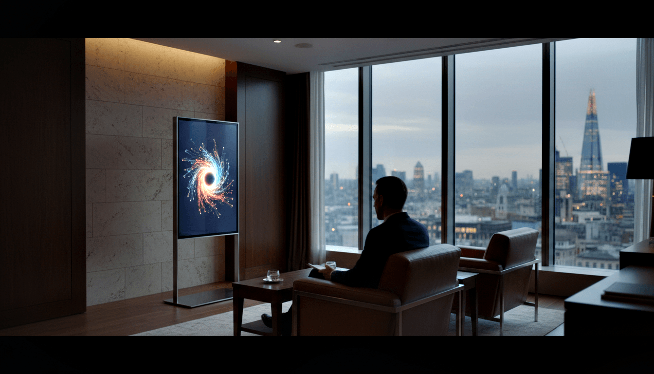 Man in dark suit on leather sofa, rear view, watching TV with orange-blue spiral; dusk cityscape with pyramid skyscraper behind.
