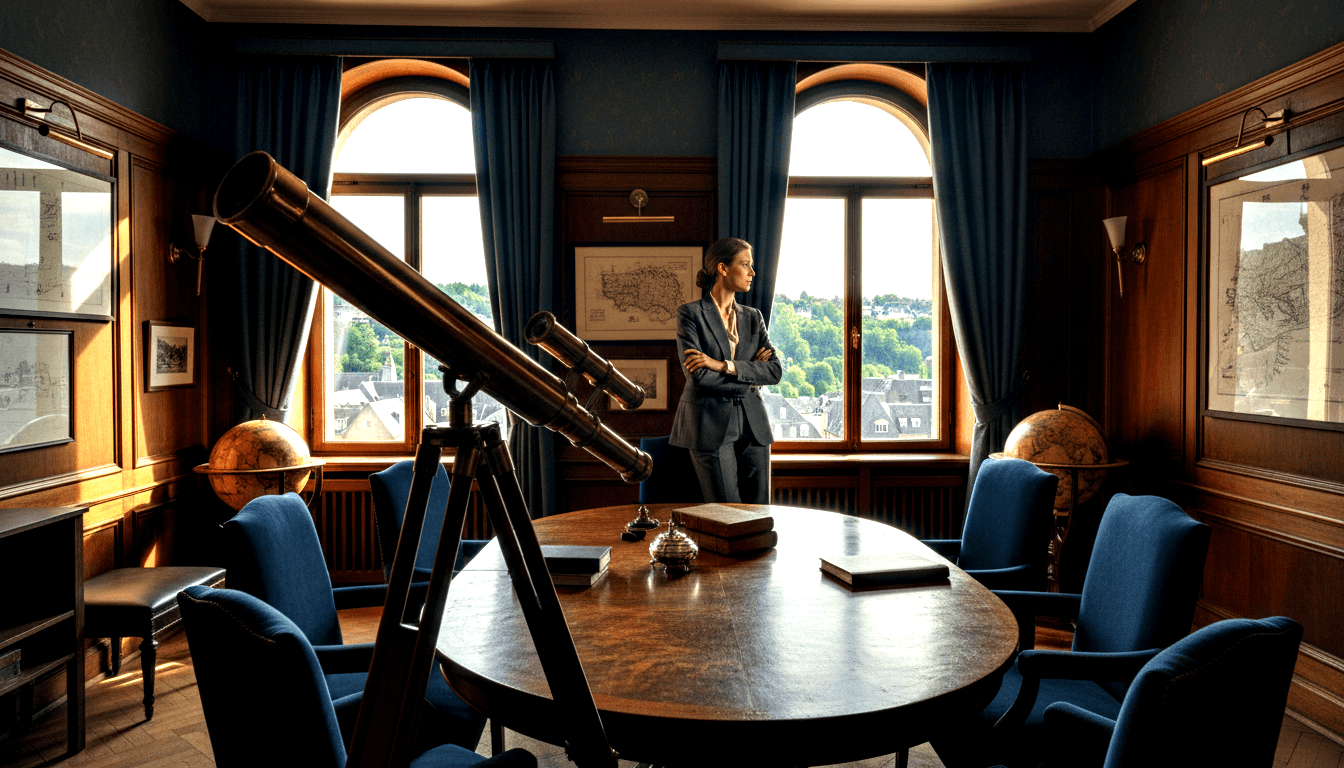 Dark-haired woman in gray suit stands arms crossed in wood-paneled study with brass telescope on wooden tripod.