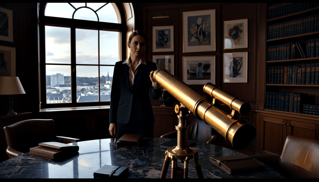 Woman in navy blazer behind dark marble desk in wood-paneled study with brass telescope on tripod in foreground and arched window behind.