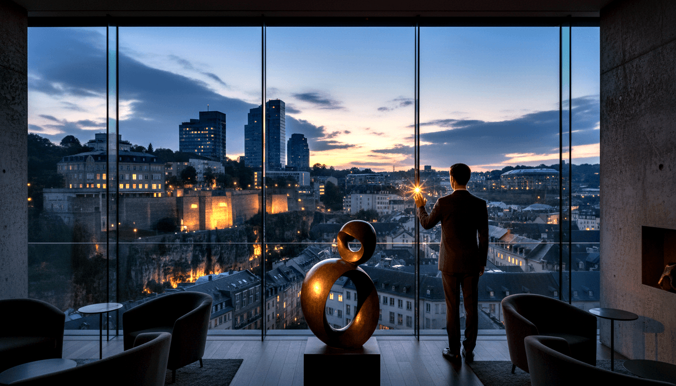 Man in dark suit, back to camera, hand raised toward starburst flare at fingertip before glass wall overlooking city at twilight.