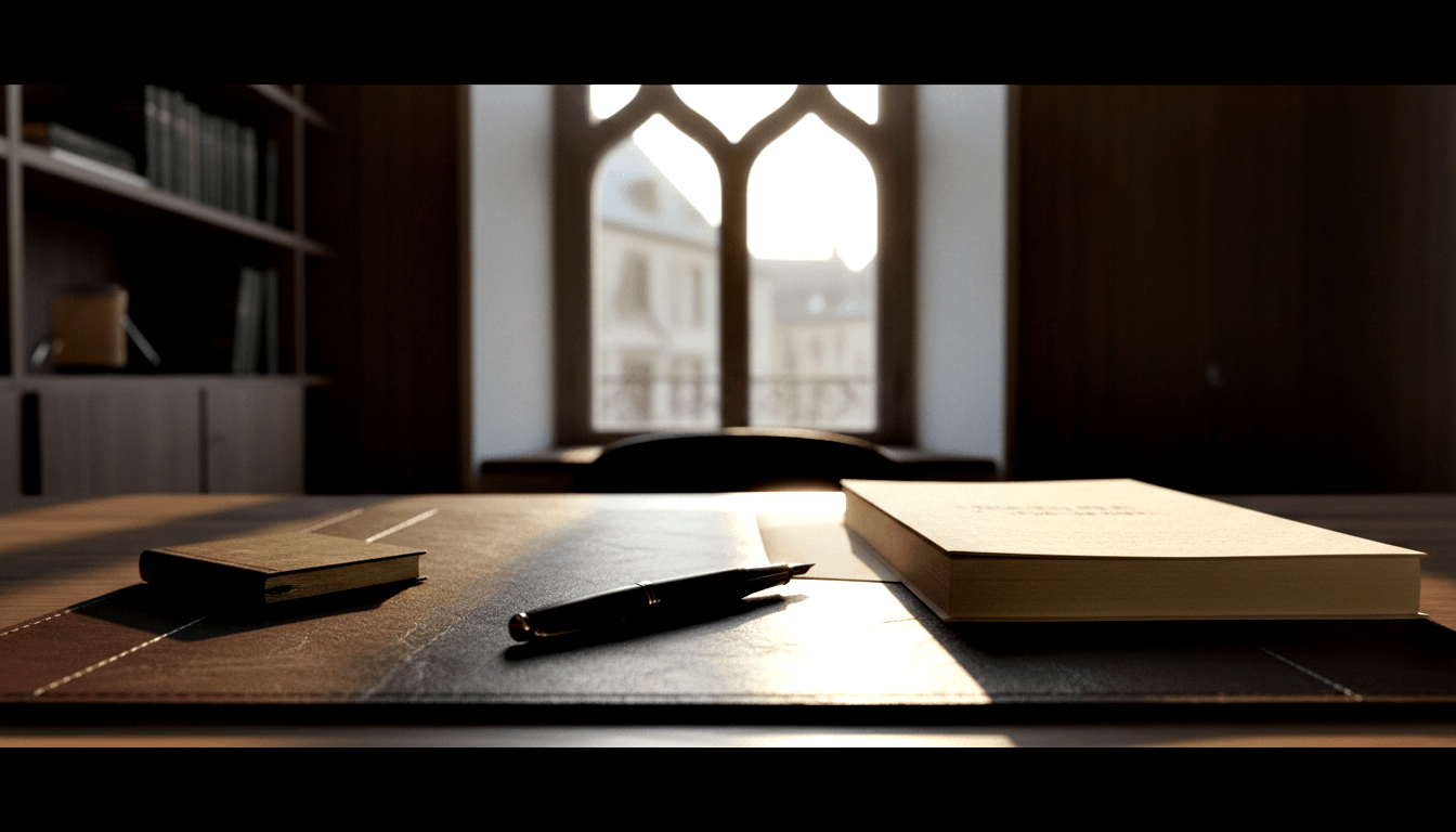 Wooden desk with leather pad, pen, notebook, and open binder lit by golden light from a tall Gothic-arched window flanked by bookshelves.
