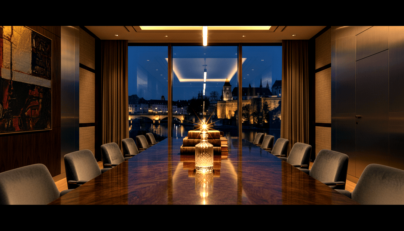 Vacant conference room: dark wood table, charcoal chairs, glass decanter; windows reveal nighttime river, lit stone arch bridge.