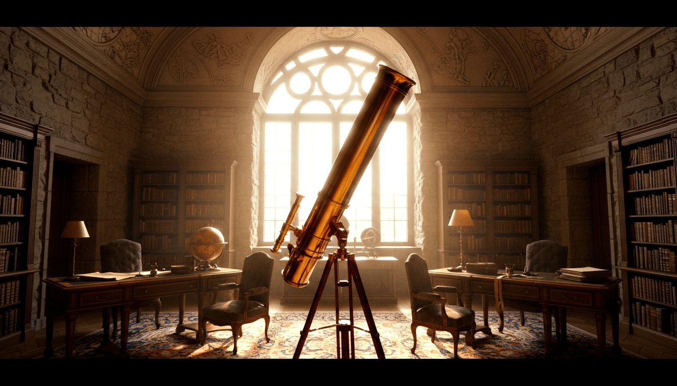 Brass refracting telescope on wooden tripod centered in an ornate library with floor-to-ceiling bookshelves and an arched Gothic window.